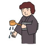 2.ひしゃくを左手に持ち替えて右手に３分の１をかけます。